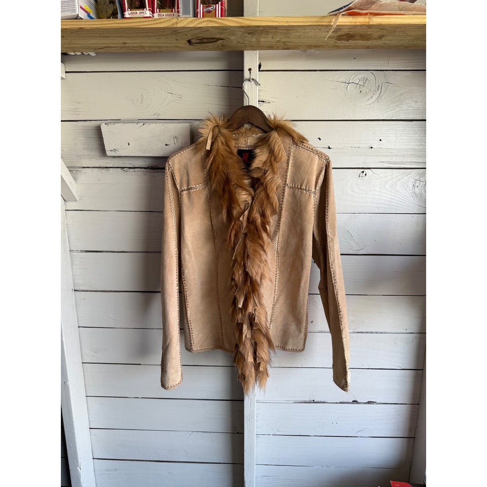 Adrienne Landau Tan Suede Leather Jacket Faux Fur Trim Crochet Back Boho Large